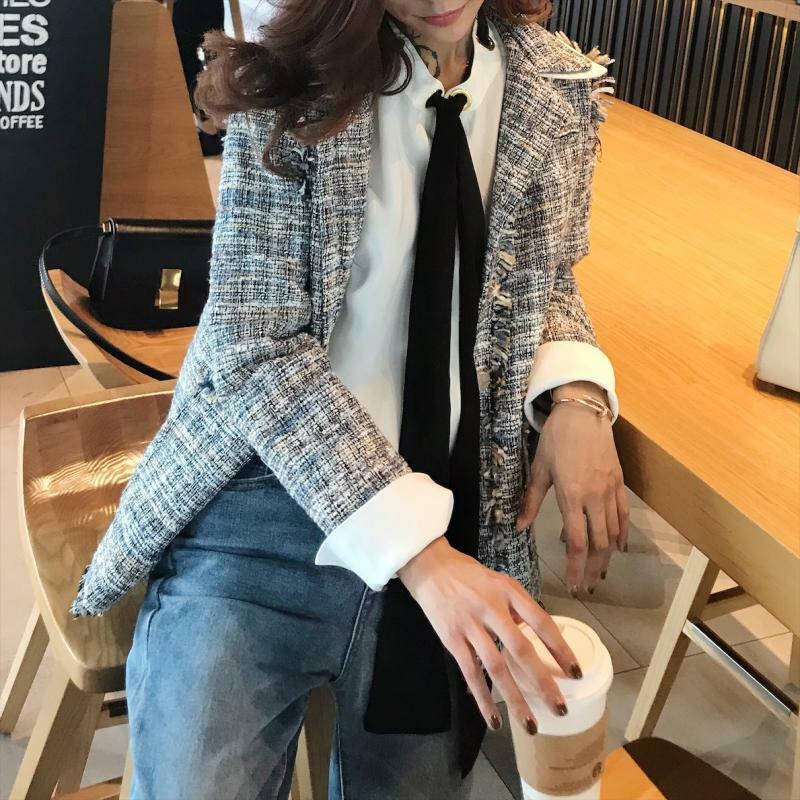 ツイード スリム スッキリ 上品 テーラード ジャケット ミディアム丈 セクシー Cute カジュアル オシャレ モテ コート ライトアウター 重ね着風 襟付き 袖コンシャス 春 秋 Pure Fragrance Style