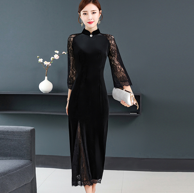 チャイナ風ワンピース 中華服 演奏会 演出服 レース袖 M L Ll 3l 4l 5l ブラック 黒い 激安 Elegant