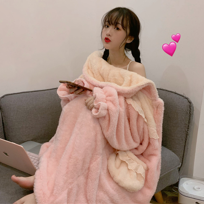 厚手のワンピースパジャマ秋冬女性はゆったりとした春秋パジャマフード付きロングホームウェアナイトガウン冬かわいい 萌量不足 Mixlily Shop A53