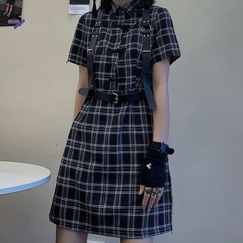 チャイナ風ワンピース チェック柄 個性的 中華服 ショート丈 ベルト付き S M L 折り襟 ブラック 黒い 着痩せ Elegant