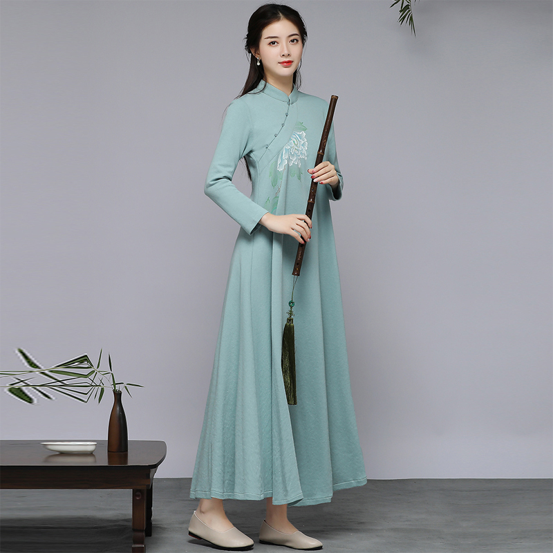 チャイナ風ワンピース チャイナ風服 中華服 改良唐装 改良漢服 スタンドネック 長袖 ロング丈 エレガント ブラック 黒い 大きいサイズ M L Ll 3l グリーン 緑 着痩せ Elegant