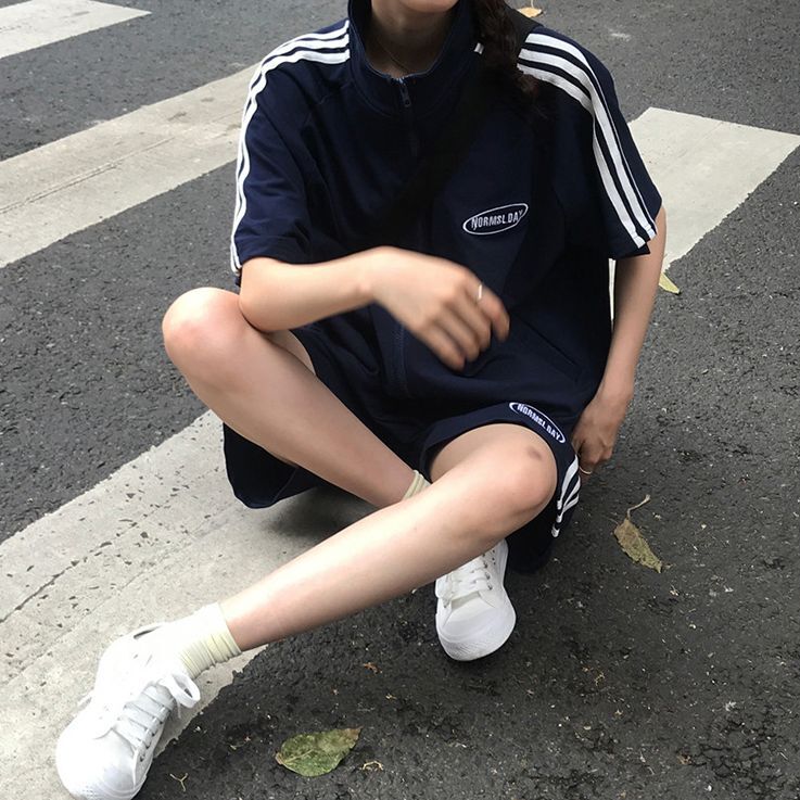 送料無料 楽ちんメンズライクコーデ ジャージ スウェット ライン入り 半袖 短パン スポーティー セットアップ ルームウェア Lamitte Deco トレンド 韓国ファッション ショップ