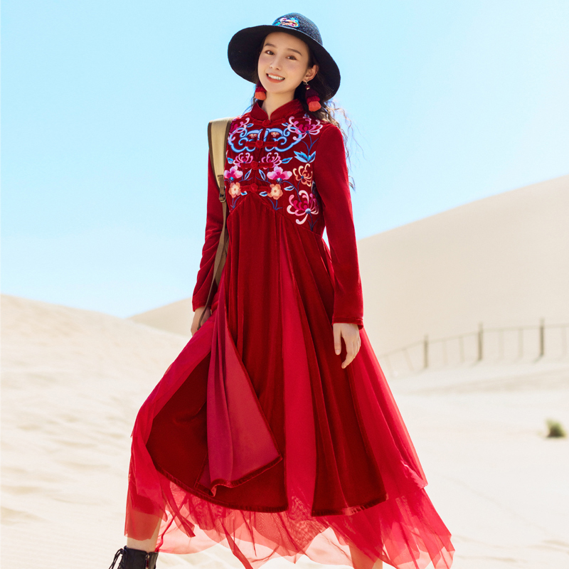 チャイナ風ワンピース 民族風ワンピース 改良唐装 改良漢服 チャイナ風服 中華服 改良型チャイナドレス 普段着 女子会 同窓会 二次会 S M L ロング丈 刺繍 レッド 赤い Elegant