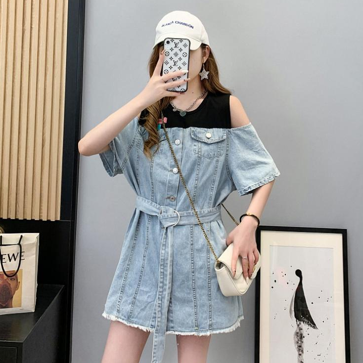 Dress 絶対欲しいチュニック肩出し切り替えデニムワンピース2色着心地良い Nanastyle