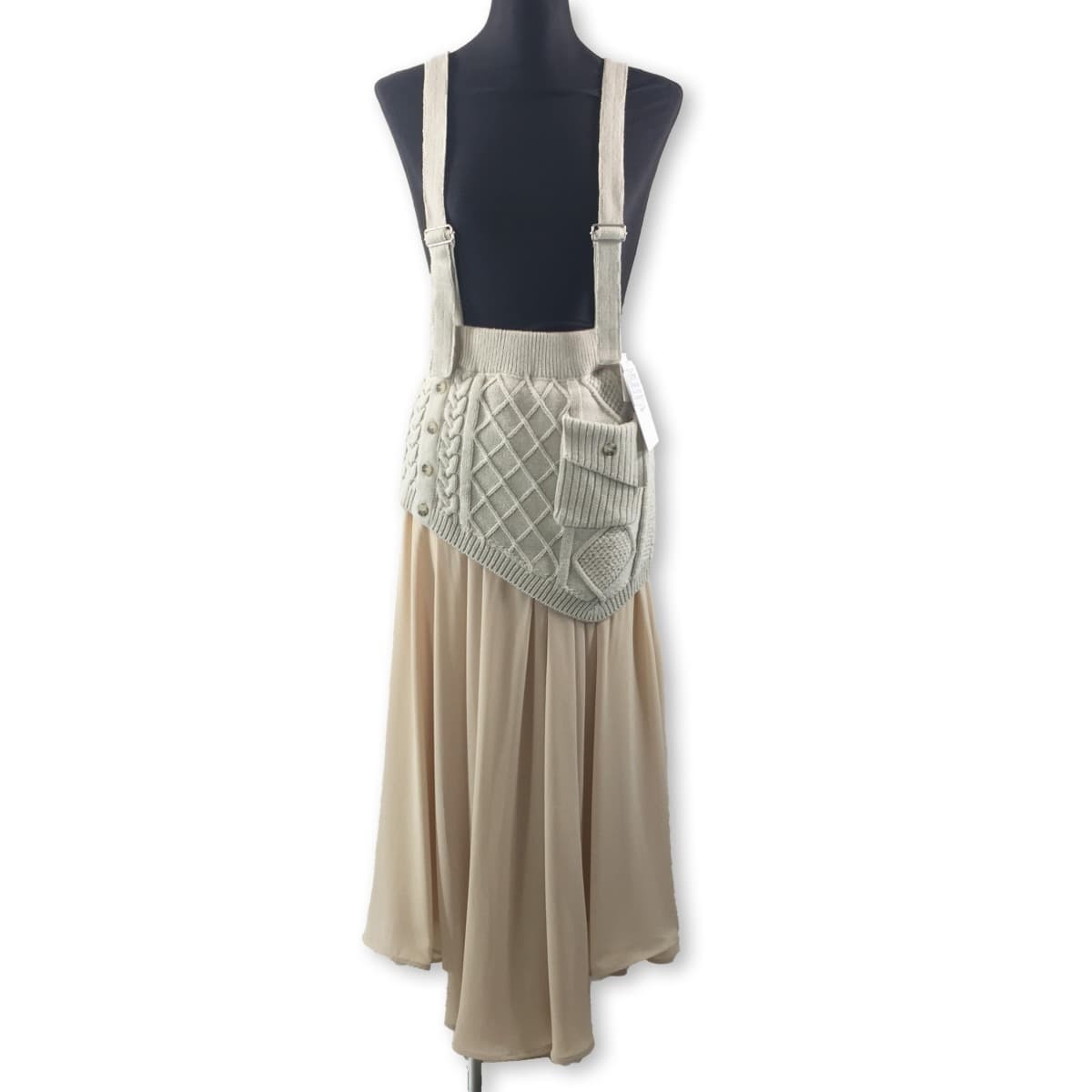 Ameri Vintage アメリヴィンテージknit Suspender Skirtケーブルニットシフォンドッキングロングスカート アシンメトリージャンパースカート フクル ファッションブランドユーズドセレクトショップ