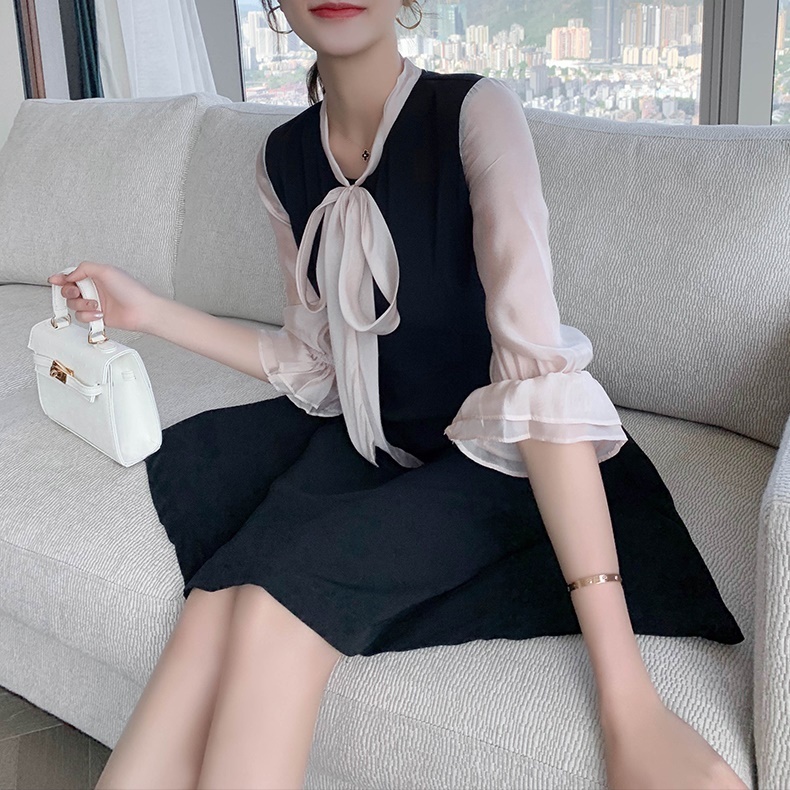 ボウタイシフォンスリーブブラックワンピース Femmeheart