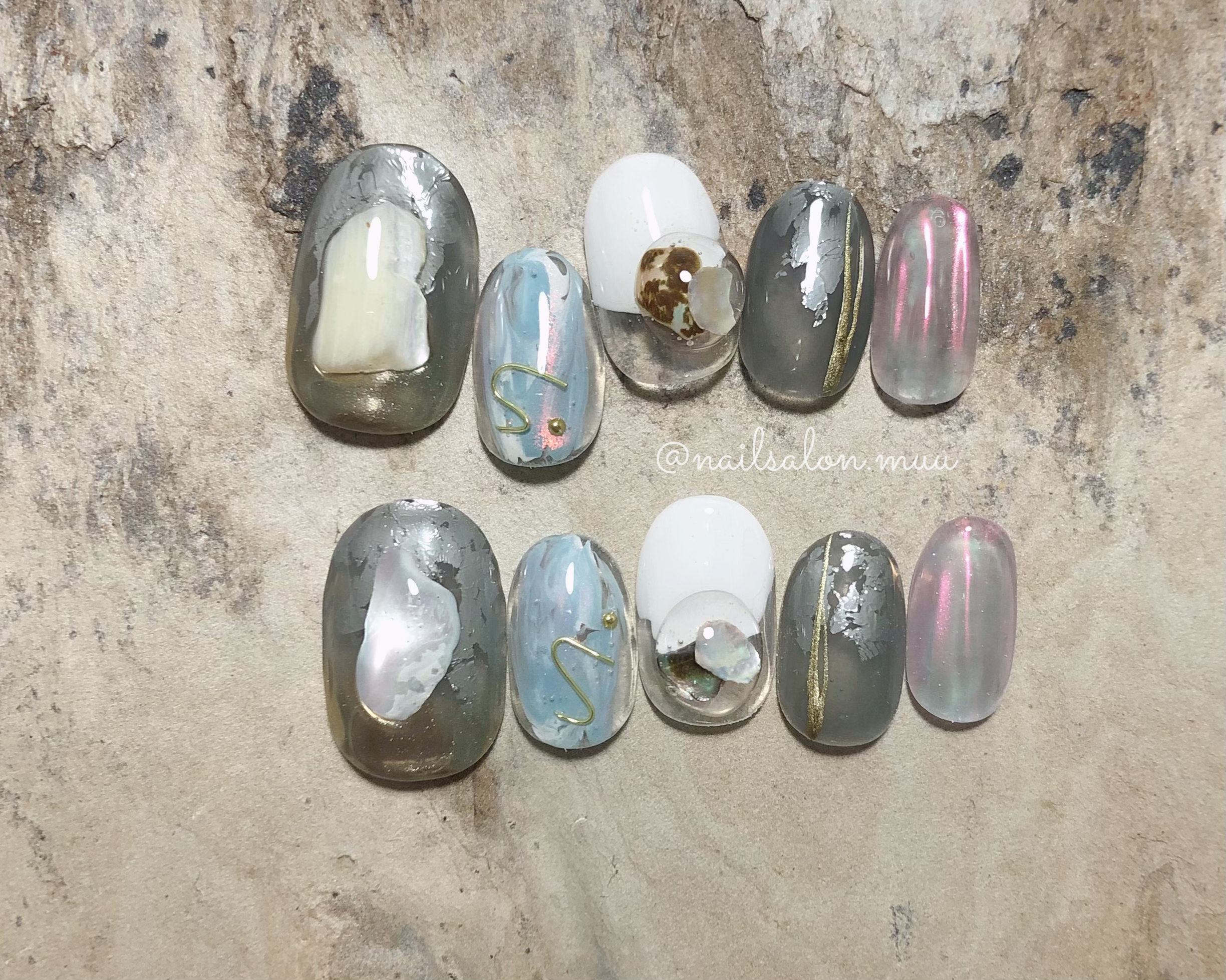 No 67 枚入 ネイルチップ ニュアンス ブルー ホワイト クリアネイル 天然石 ネイルチップ販売 Muu