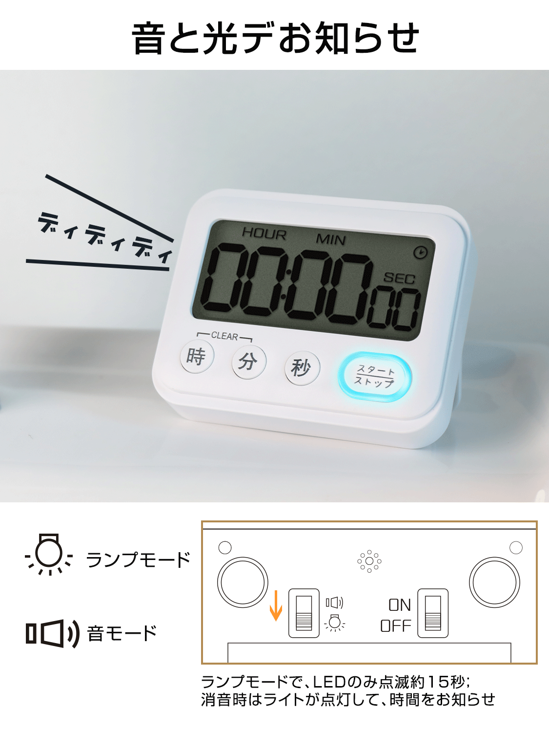 タイマー 勉強 キッチンタイマー マグネット付き 卓上 学習用 音光切替機能 置き掛け兼用 ホワイト Umimile