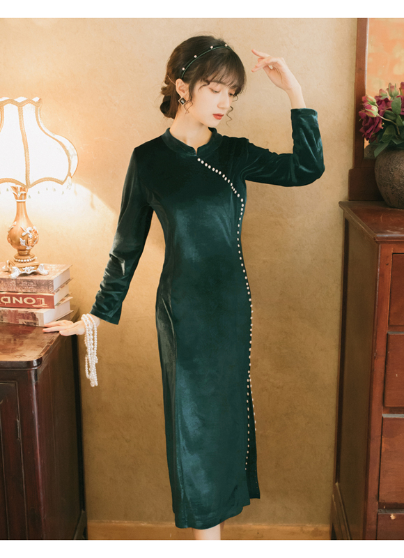 ベルベットチャイナドレス 改良型チャイナドレス チャイナ風ワンピース 改良唐装 改良漢服 チャイナ風服 中華服 ロング丈 S M L グリーン 緑 スリム Dresszone