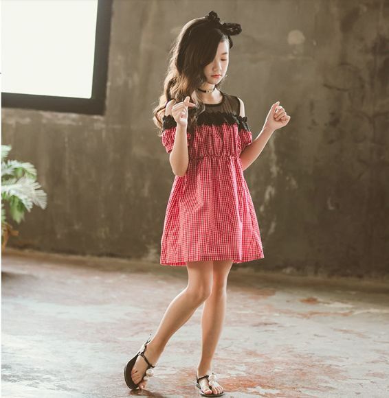 1 160cm 2カラー デコルテ シースルー チェック柄 肩出し ワンピース 19s S 韓国 子供服 女の子 ガールズ キッズ P248 A Dear Child