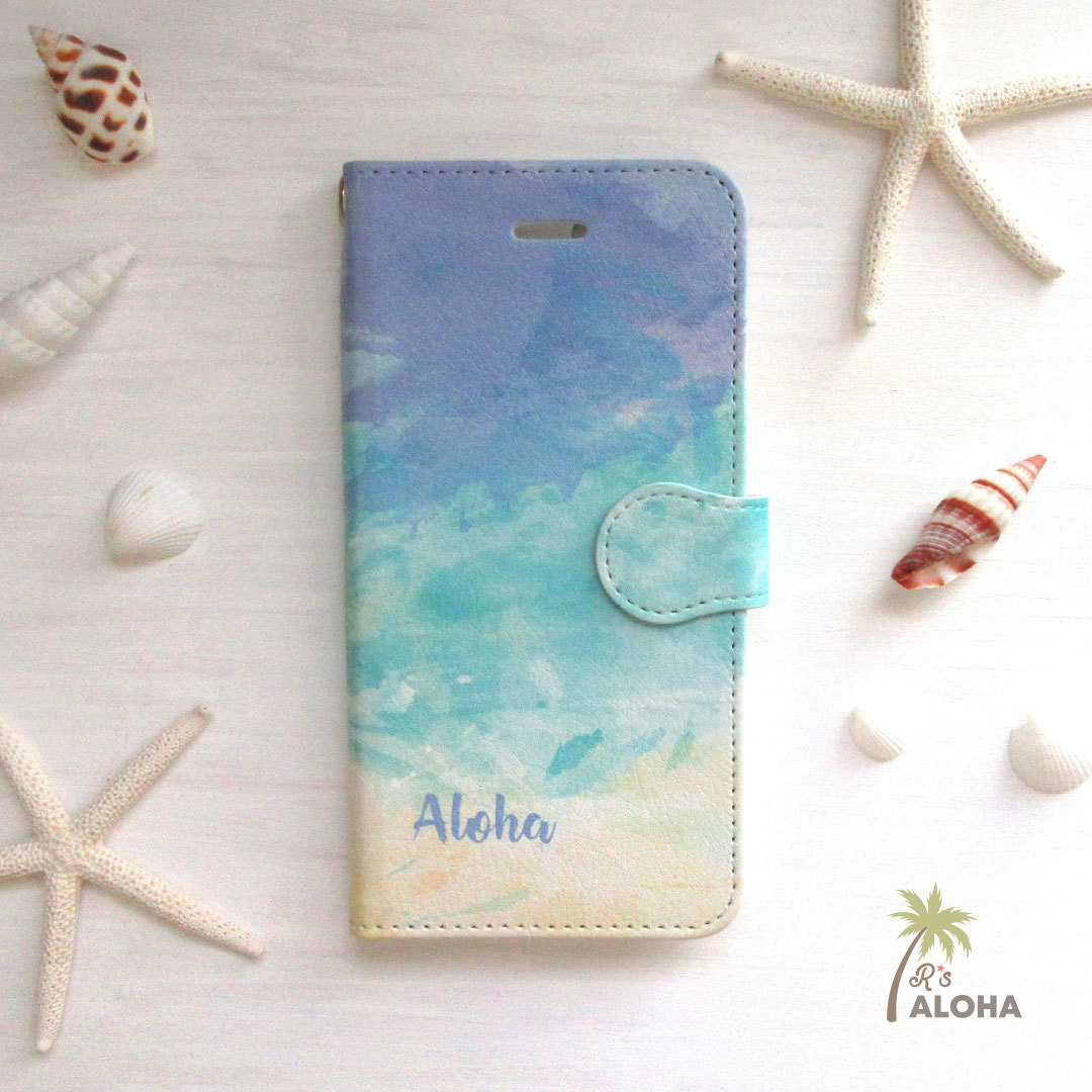 名入れ 水彩画シーサイドブルー 手帳型スマホケース 受注生産 R S Aloha ハワイアン 海を感じるスマホケースのお店