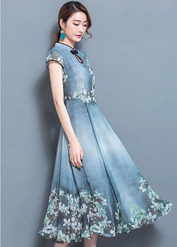 送料無料 ドレス チャイナドレス ワンピース ロング丈 エレガント 上品 サックス 水色 パーティ 花柄 Eine Katze