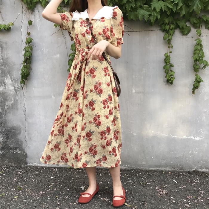 襟付き 花柄ワンピース 半袖 シフォン スカート 新作 5049 Macaron