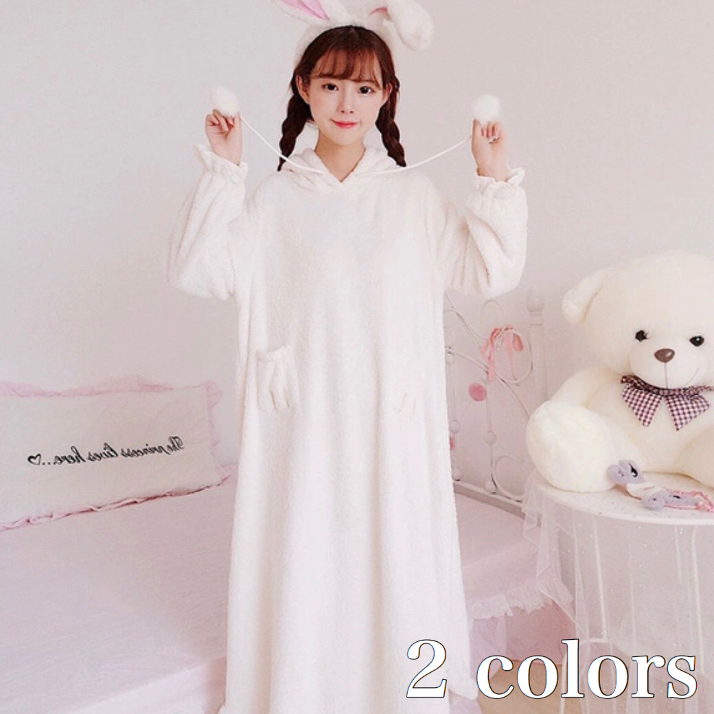 猫耳 パーカー フリル ワンピース ルームウェア レディース 秋 冬 用 長袖 ミモレ 丈 韓国 ファッション パジャマ Rw 0060 Happy Orurea ハッピーオルレア