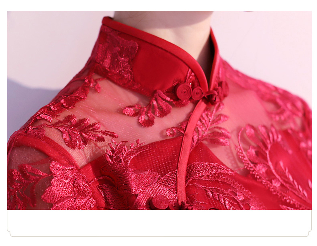 チャイナドレス パーティードレス ワンピース ドレス チャイナ風服 女子会 同窓会 スタンドネック 半袖 ロング丈 マキシ丈 エレガント 着痩せ 可愛い 大きいサイズ S M L Ll 3l 改良型チャイナドレス マーメイドライン レース 刺繍入り ワインレッド 赤い Elegant