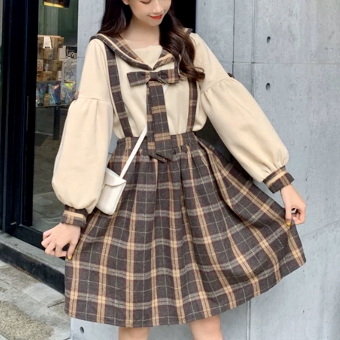 ２点 セット セーラー ブラウス チェック 柄 サロペット 大きいサイズ レディース 秋 冬 服 膝 丈 長袖 学生 制服 風 ワンピース Op 0518 Hapi Hapi Girl ハピ ガル