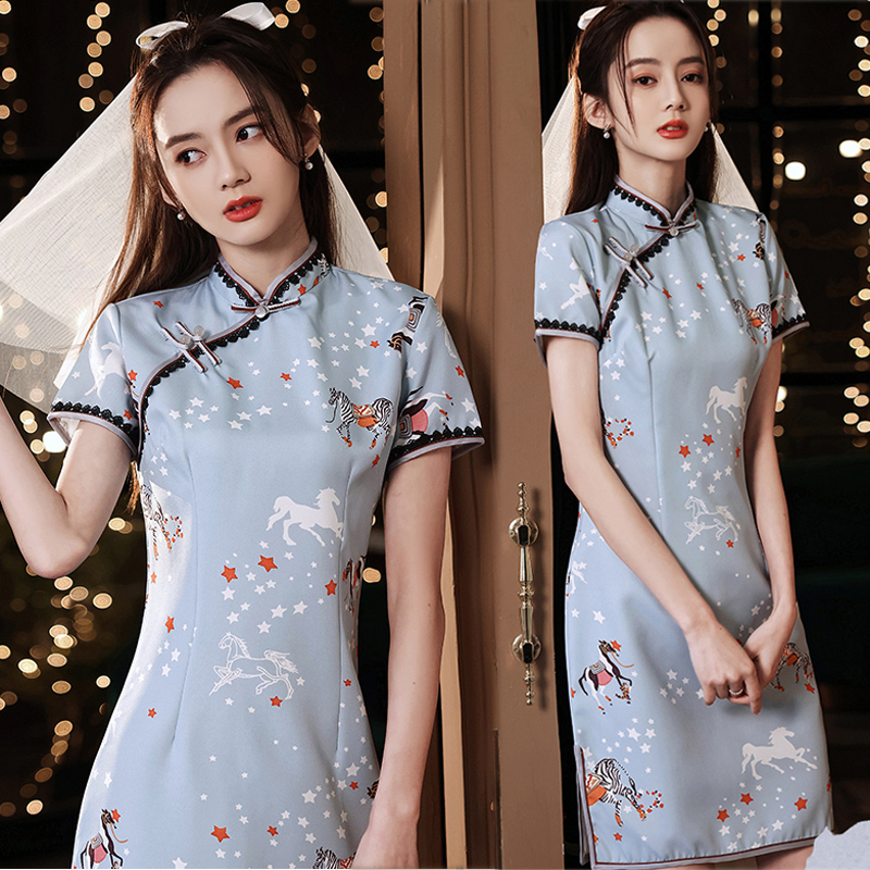 Longliシリーズ チャイナドレス ワンピース ショート丈 可愛い カートゥーン ブルー 青い 着痩せ Elegant