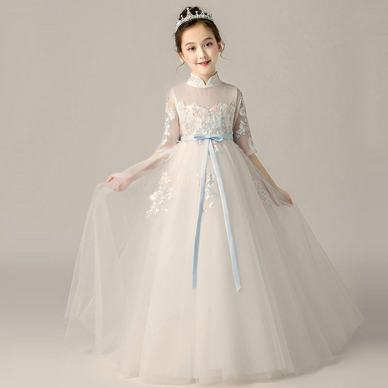 キッズドレス 五分袖 スタンドネック プリンセスライン ハイウエスト 子どもドレス 花童 ピアノ 誕生日プレゼント 結婚式 演出 二次会 子供服 女の子 ワンピース ホワイト Elegant