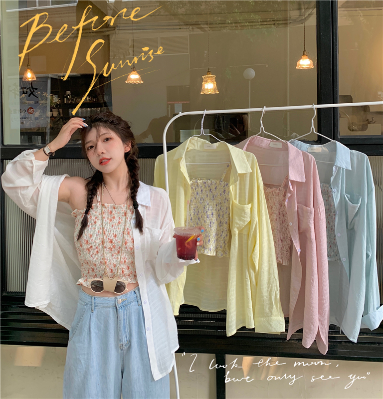 送料無料 女っぽガーリー キャミソール シアーシャツ くしゅくしゅ シャーリング ショート丈 ゆったり 花柄 ガーリー フェミニン 2点セット Lamitte Deco トレンド 韓国ファッション ショップ