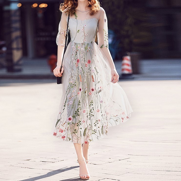 フェティッシュ グレー フラワー刺繍 シースルー オーガンジー ロング ワンピースドレス お呼ばれドレス リゾートドレス Eve