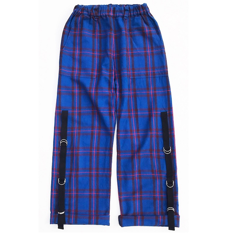 Royal Pussy ロイヤルプッシー Tartan Check Bondage Eazy Pants タータンチェックボンデージイージーパンツ アンクルクロップド ロールアップ ウエストゴム 青ブルー メンズレディース Punkrock パンクロックバンド 川村カオリ ギフトラッピング無料 ステージ衣装