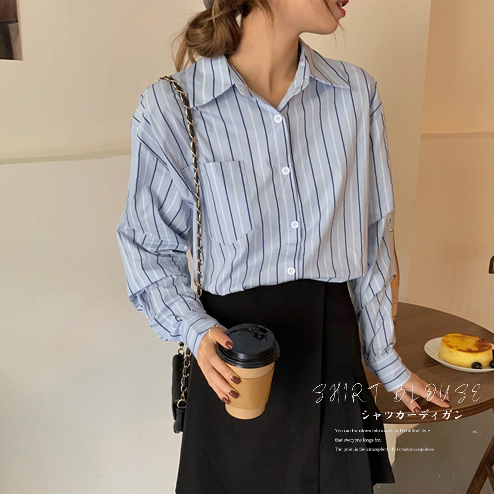 オフィスカジュアル シャツカーディガン 大人かわいいシャツ ストライプ柄 シャツブラウス レディース 長袖 開襟トップス 薄手 ルーズシャツ ゆったり ネット通販 購入 激安 10代 代 30代 40代 春 夏 Roprot ロプロット ファッション レディースアパレル販売