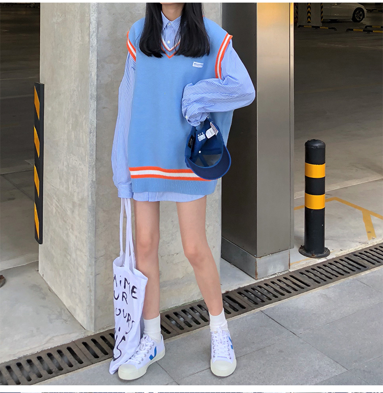 ロングセラー 学生風vニットネックベスト ストライプシャツ 韓国レディースファッション通販 Krex ケーレックス