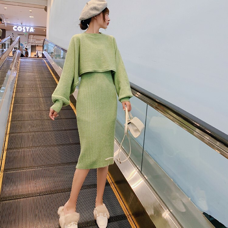 長袖 セットアップ トップス スカート Vネック ツーピース 二点セット ルーズ ミディアム丈 ミディ丈 ニットワンピ リブニット キャミソール キャミワンピ ニットスカート ニット セーター プルオーバー グリーン ピンク ベージュ 全3色 19 秋 P3417 Kirari きらり