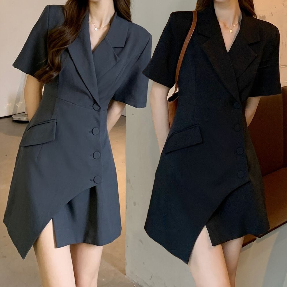 不規則デザイン スーツ風 ワンピース シングルブレスト ジャケット風 コート風 ハイウエスト 半袖 韓国ファッション レディース 大人可愛い ガーリー Irregular Slimming Suit Little Dress Dtc Value Rave Notice バリューレイヴノーティス 韓国