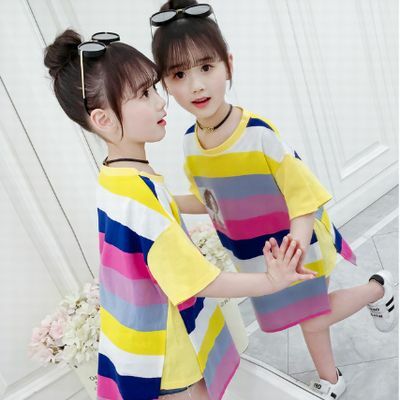 110 160cm 2カラー Tシャツ ワンピース カラフル ボーダー 柄 ラフ 楽ちん カジュアル トップス チュニック 韓国 子供服 女の子 ガールズ キッズ 親子 おそろい P185 A Dear Child