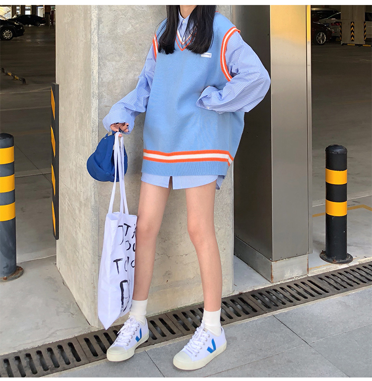 ロングセラー 学生風vニットネックベスト ストライプシャツ 韓国レディースファッション通販 Krex ケーレックス