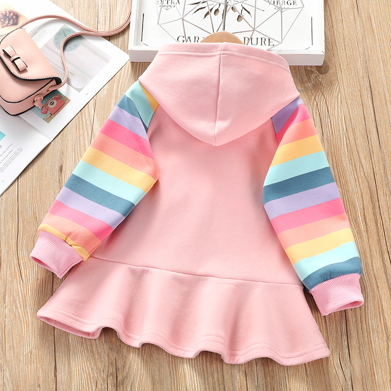 フード付き ピンク こども 子供 キッズ 服 可愛い Rainbow レインボー 長袖 秋 冬 ワンピース カラフル レインボー おでかけ フリル Antoinette