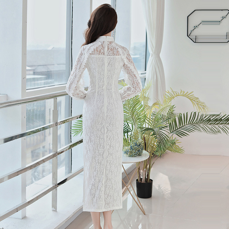 レース スタンドネック 長袖 イブニングドレス パーテイードレス ロングワンピース 大きいサイズ 二次会 お呼ばれ 宴会 婚活 顔合わせ 女子会 ホワイト Xs S M L 2l 3l 4l Elegant