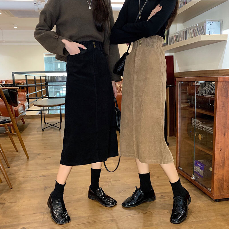 翌営業日発送 コーデュロイペンシルラインスカート ハイウエスト スエード Aライン ロングスカート レディース 人気 安い 韓国ファッション 7625 Sinsakumall