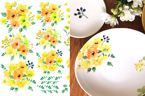 水彩ソフトフラワー イエロー A3サイズ ポーセリンアート用転写紙 花柄 ポーセラーツ転写紙販売 Sonchic ソンシック Cherrys Sc