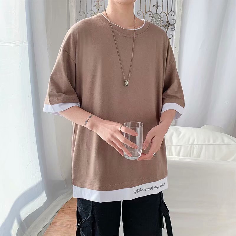 メンズファッション 人気商品ファッション重ね着風ルーズなサイズラウンドネック襟なし無地メンズtシャツ Chuulife Com かっこかわいいストリート系を楽しもう