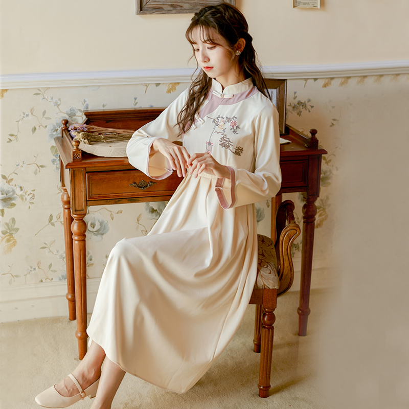 チャイナ風ワンピース 改良唐装 改良漢服 チャイナ風服 中華服 改良型チャイナドレス ロング丈 普段着 女子会 同窓会 二次会 S M L Ll アプリコット レトロ Elegant
