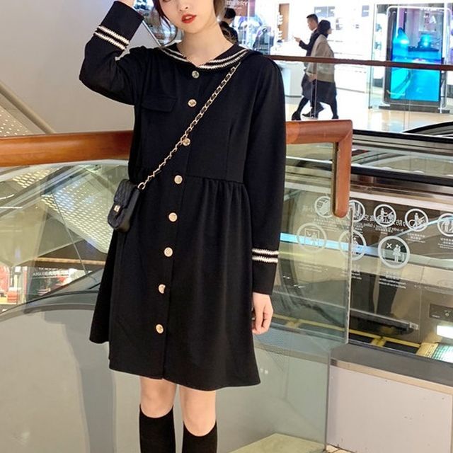 ワンピース 襟付き 長袖 フロントボタン マリン プレッピー クラシカル ひざ丈 フェミニン カジュアル 大人カジュアル フェミニン ガーリー 大人ガーリー 秋冬 Op 04 Y Happy Orurea ハッピーオルレア