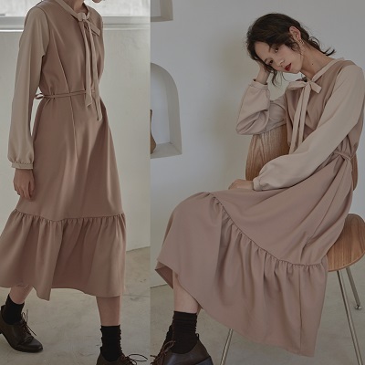 ワンピース ボウタイ リボンタイ ガーリー ドール フェミニン デート くすみカラー くすみピンク レトロ ふんわり シフォン とろみ ナチュラル プチプラレディースファッション通販 Yboueki