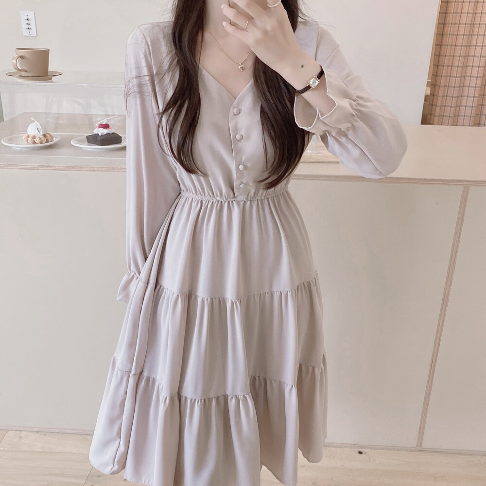 Aティアードワンピース スウィート Vネック ふわふわ長袖ワンピース 3段ティアード 韓国ファッション F D F Fee Des Fleurs フェデフルール