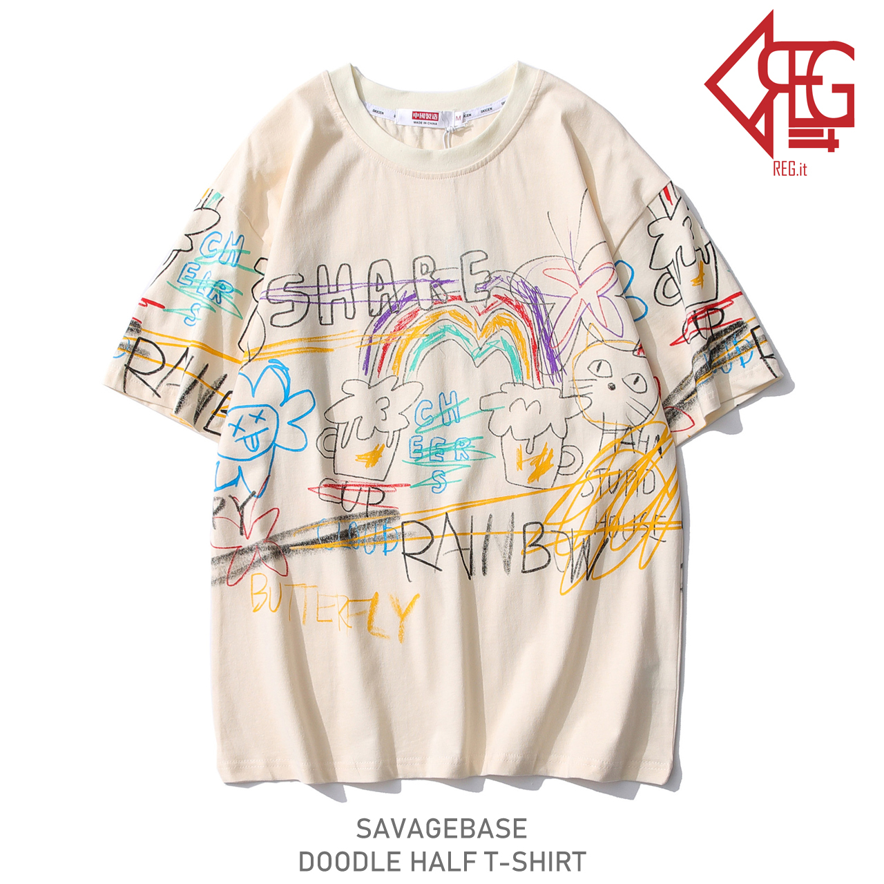 Regit Savagebase Doodle Half T Shirt Beige S S 韓国服 トップス カットソー 半袖 ｔシャツ ストリート ファッション オーバーサイズ メンズライク ユニセックス 男女兼用 綿 夏 プチプラ 個性的 10代 代 着映え ネット通販 Tpt031 S S Regit