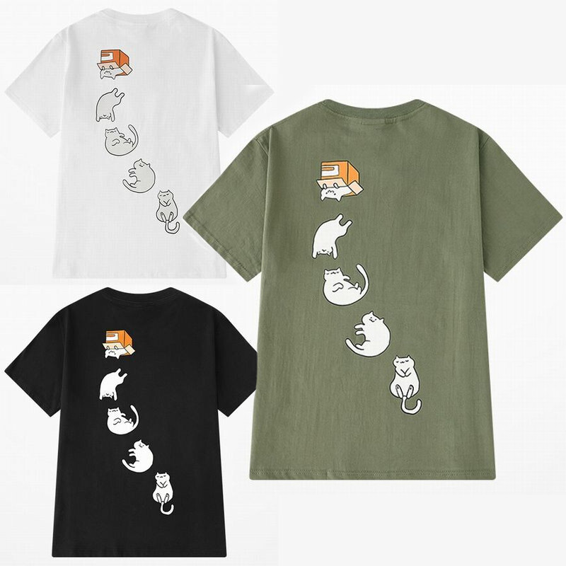 ユニセックス 半袖 Tシャツ メンズ レディース かわいい ダンボールから転げ落ちる猫 ネコ プリント オーバーサイズ 大きいサイズ ルーズ ストリート Tbn Mamos マモス ストリートファッションならお任せ 韓国ファッションがお好きな方も要チェックです