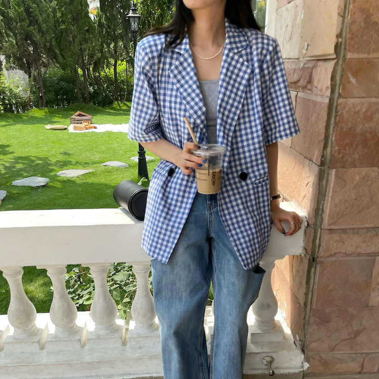 ギンガムチェックジャケット ジャケット ブラザー テーラードジャケット 半袖 サマージャケット かわいい 人気 レディース 安い 韓国ファッション 5334 Sinsakumall