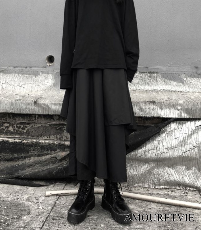 パンツスカート ボトムス アシンメトリー レイヤード 風 黒 ブラック モダン ストリート 原宿系 モード オルチャン 韓国ファッション 1111 Amouretvie モレヴィ