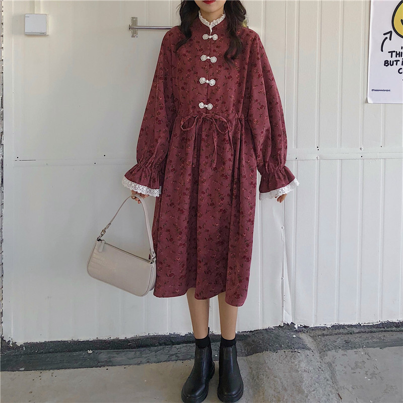 Seoul鬼马少女シリーズ 花模様のワンピース チャイナ服 中華服 レースアップ スピーカースリーブ Elegant