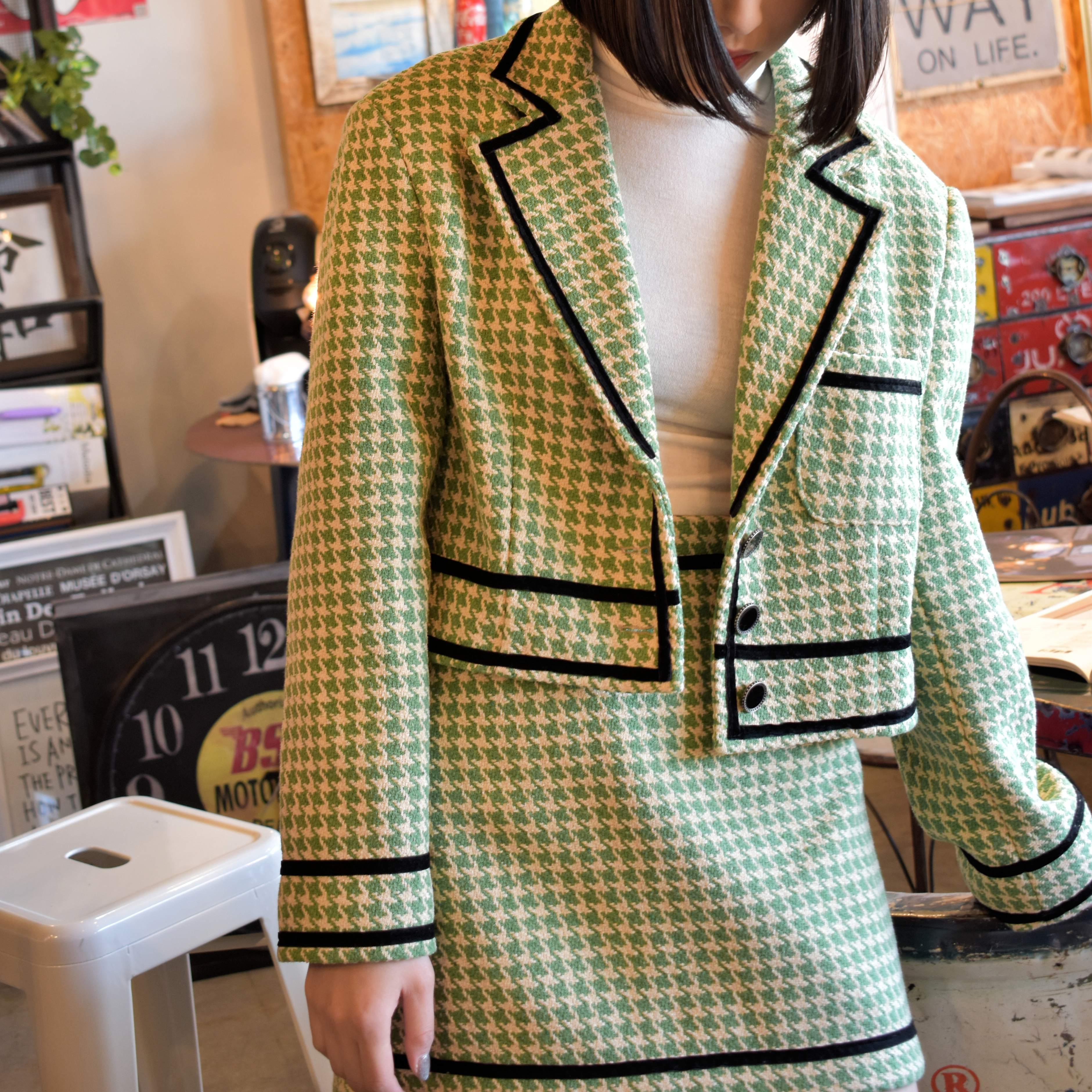 千鳥格子柄ショート丈ジャケット セットアップアイテム 韓国 Uku Com