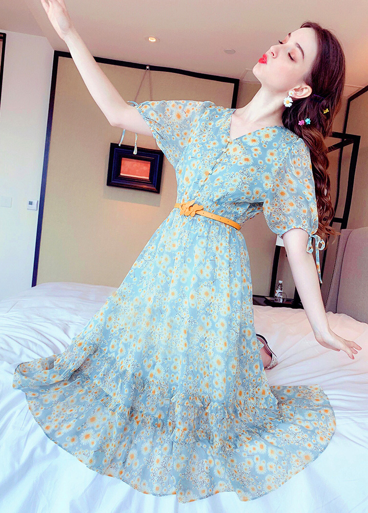 お花 ワンピース マーガレット ブルー 膝丈 ベルト レディース Woman Flower Blue One Piece Yellow Ladies Antoinette