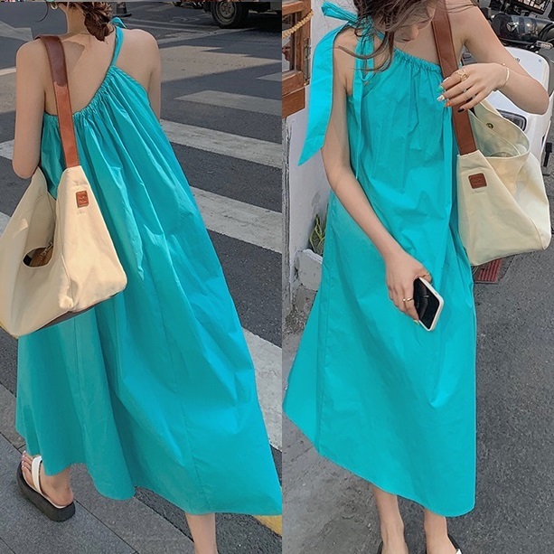 One Piece Shoulder Ribbon Blue ワンピース ミディアム丈 オフショルダー 肩出し 肌見せ ふんわり 体形カバー ワンサイズ おしゃれ キュート 大人かわいい 個性派 カジュアル シンプル ラフ リゾート 普段使い お出かけ 女子会 ランチ デート 夏 Sea Sign Post