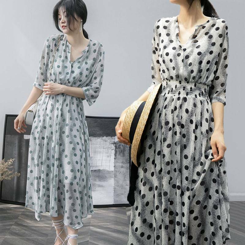 ワンピース レディース ロングワンピース レトロワンピース ワンピ 水玉 ドット柄 シフォン Vネック ウエストゴム Aライン Happy Toon
