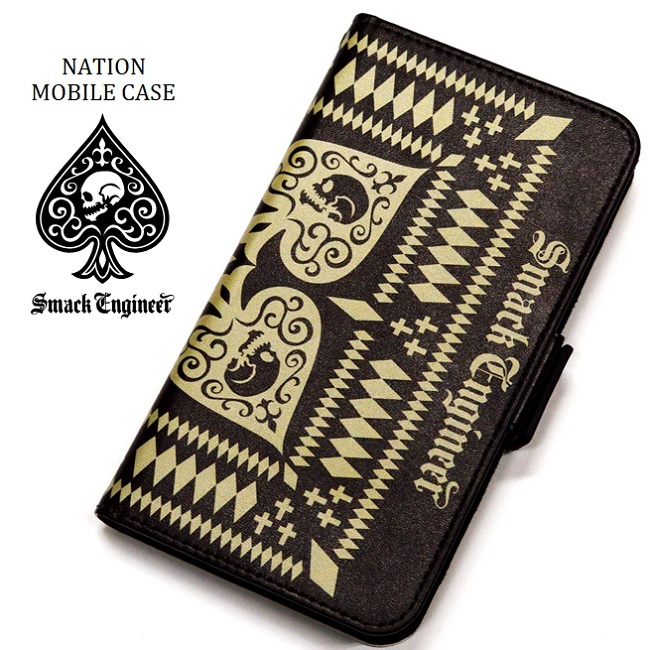 Smack Engineer スマックエンジニア Nation Mobile Case 手帳型スマホケース フリーサイズ Iphone アイフォンカバー モバイルケース レザー 黒 ブラック スカル ドクロ スペード メンズ レディース Rock Punk ロック パンク バンド ギフトラッピング無料 衣装 Rogia